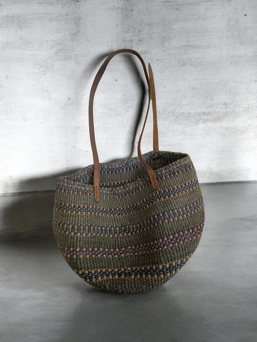 Handwoven Olive Multi-Striped Tote with Tan Leather Straps